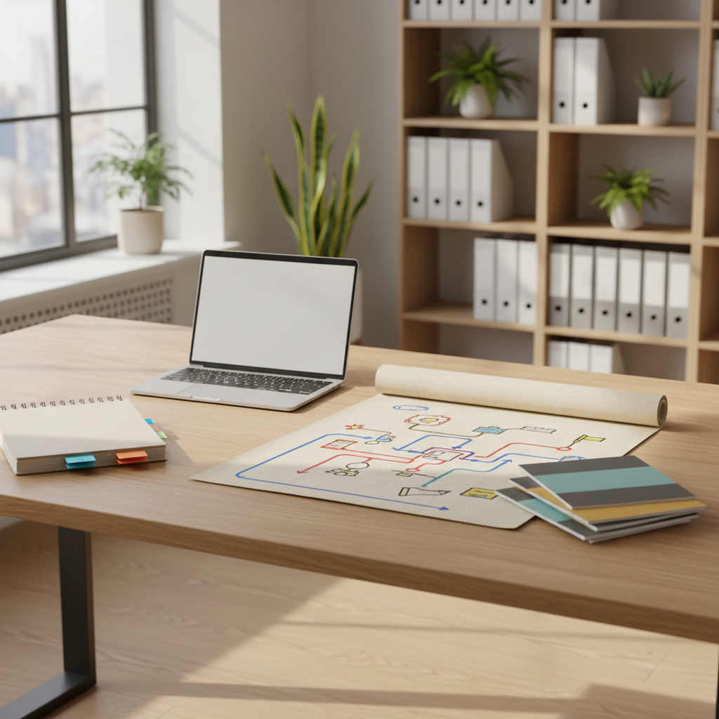 A bright, open workspace where a generous oak desk holds a slim laptop, a thick printed strategic plan with color tabs, and a detailed roadmap sketched as colored lines and simple icons on a large sheet of paper. Nearby, a small stack of cooperative and nonprofit annual reports with blank, color‑blocked covers hints at diverse organizations. Soft natural light filters in from a side window, illuminating the textured paper and wood grain while casting calm, elongated shadows. In the background, shelves hold neatly arranged binders and plants, slightly out of focus. Photographic realism, eye‑level composition, warm yet neutral tones, evoking clarity, structure, and long‑term strategic accompaniment without feeling corporate or staged.